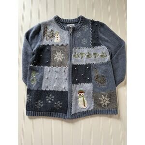 Vintage Croft & Barrow Womens M Christmas Sweater Snowman Embroidered Zip